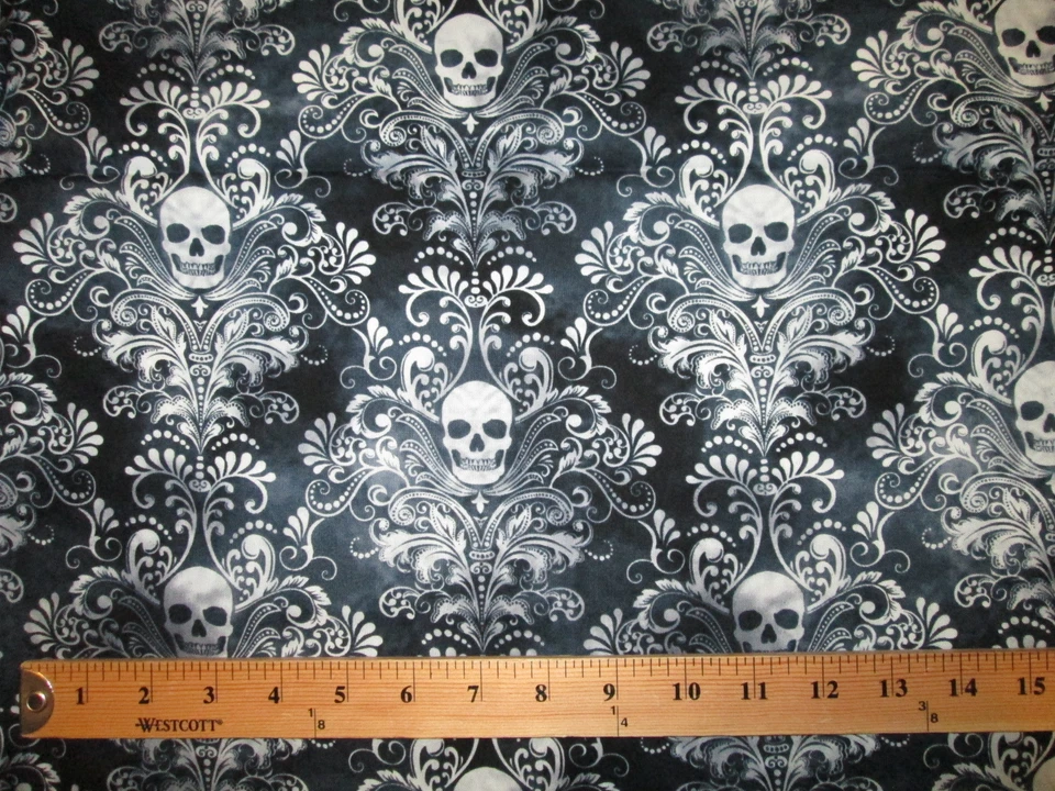 Calaveras elegante calavera de azúcar barroca tela de algodón negro fq  Foto 4 de 4