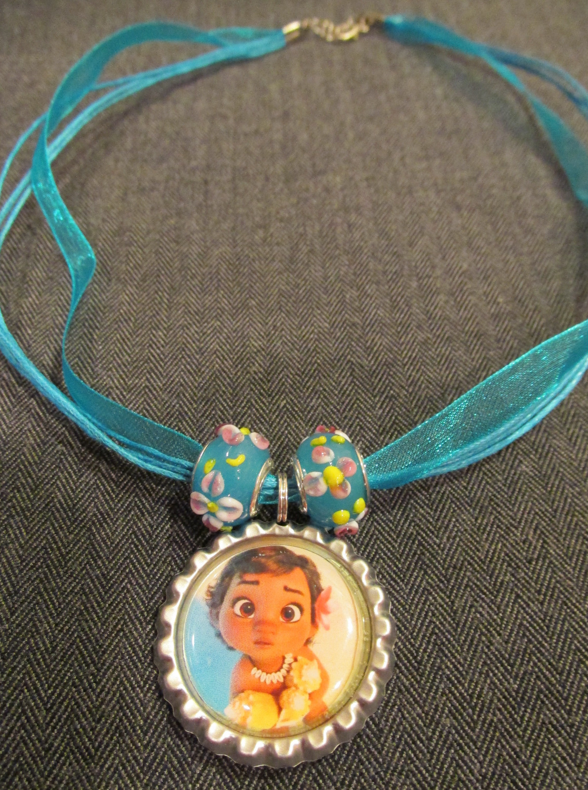 Baby Moana Aqua Ribbon Bottle Cap Bling Charm Necklace Bead Ocean Maui ...