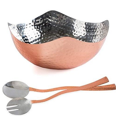  Salad Bowl with Servers - 3 Pc Set - Hammered Copper Salad Bowl - 9.5 Inch 