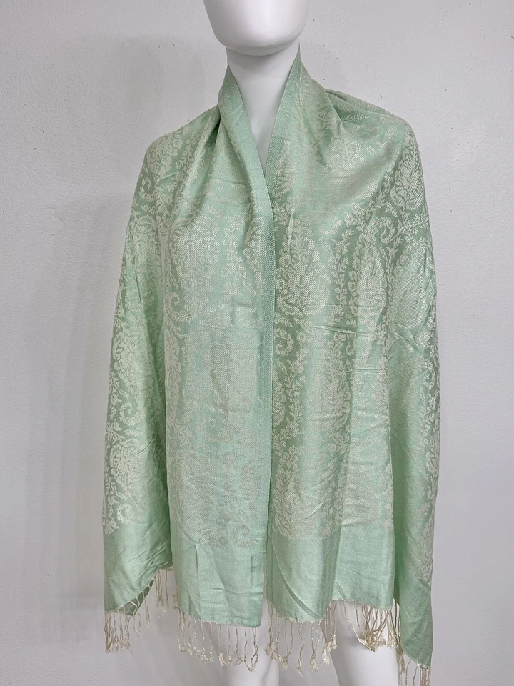 "Bufanda chal jacquard de cachemir vintage verde jade con patrón damasco 28"" x 78""" Foto 3 de 4