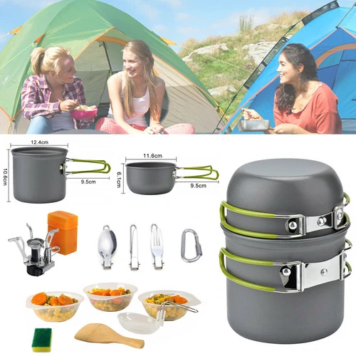 Portable Gas Camping Stove Butane Propane Burner Outdoor Hiking Picnic+Cookware
