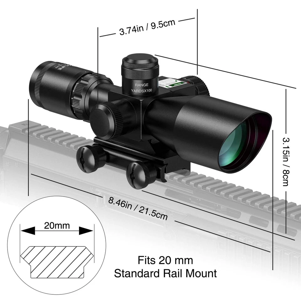 Escopo de rifle tático 2.5-10x40EG ponto mil iluminado duplo com laser verde e montagem - Imagem 4 de 4
