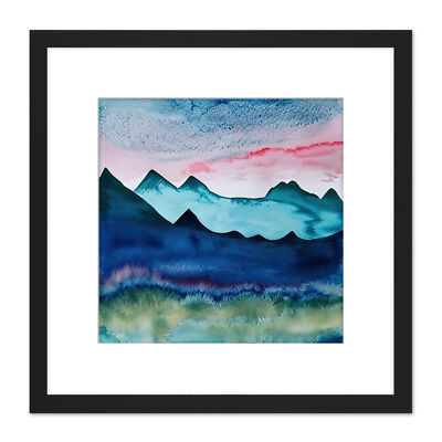 Aquarell Bergwiese Rosa Himmel Stil Quadratisch Gerahmt Wandkunstdruck 8X8 Zoll