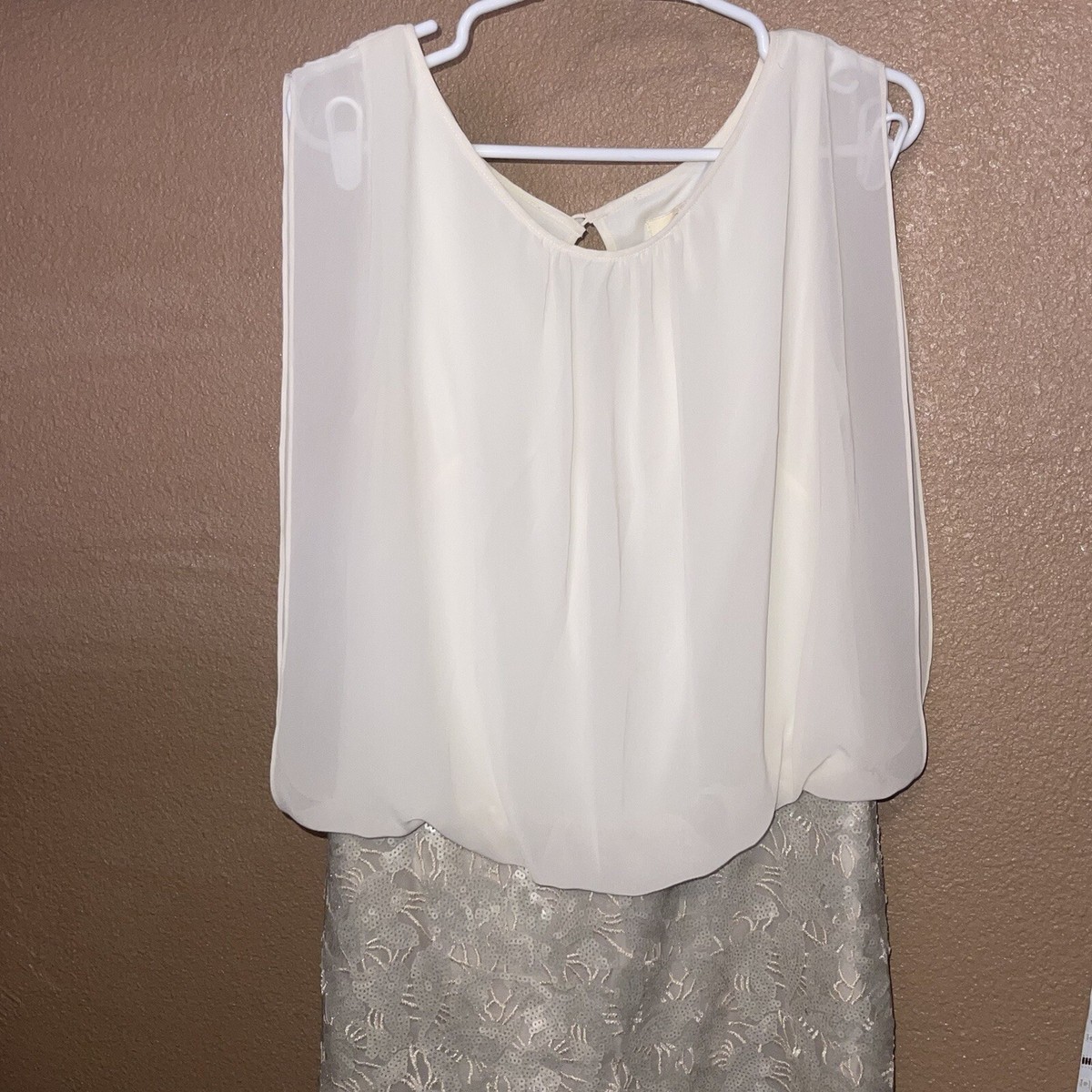 Aidan Mattox Dress 10 Sequin Chiffon Short Blouson Beige Gold Sleeveles  Cocktail | eBay