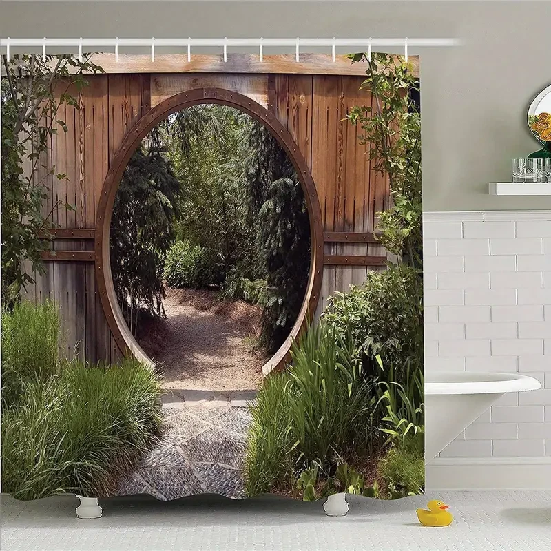 质朴的景观图案浴帘带钩农舍浴室装饰 US — 第 2/4 张图片