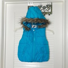 JUSTICE Blue Puffer Puffy Sleeveless Jacket Vest Detachable Fur Hood Size 6/7