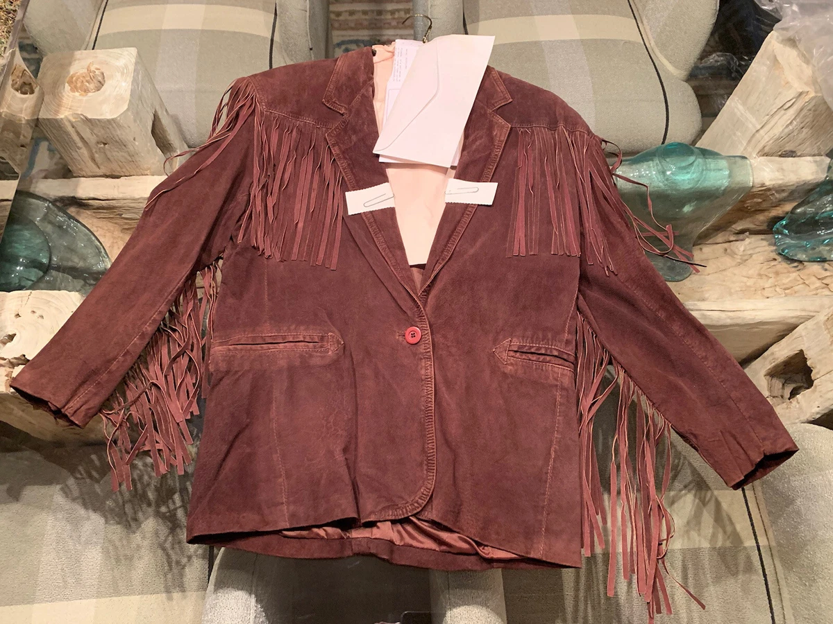 La Nouvelle Renaissance Womens Pig Leather Suede Brown fringe Coat Jacket Boho