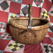 Antique Chinese Woven Willow Market Basket Wood Handle L Vintage Iron