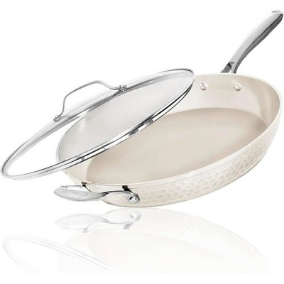 Gotham Steel Hammered Cream Nonstick Frying Pan 14'' Large Skillet With Glass Lid