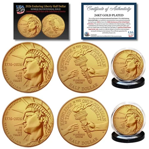 2026 P&D 24K GOLD Plated Enduring Liberty Half Dollar 2-Coin Set BU America 250