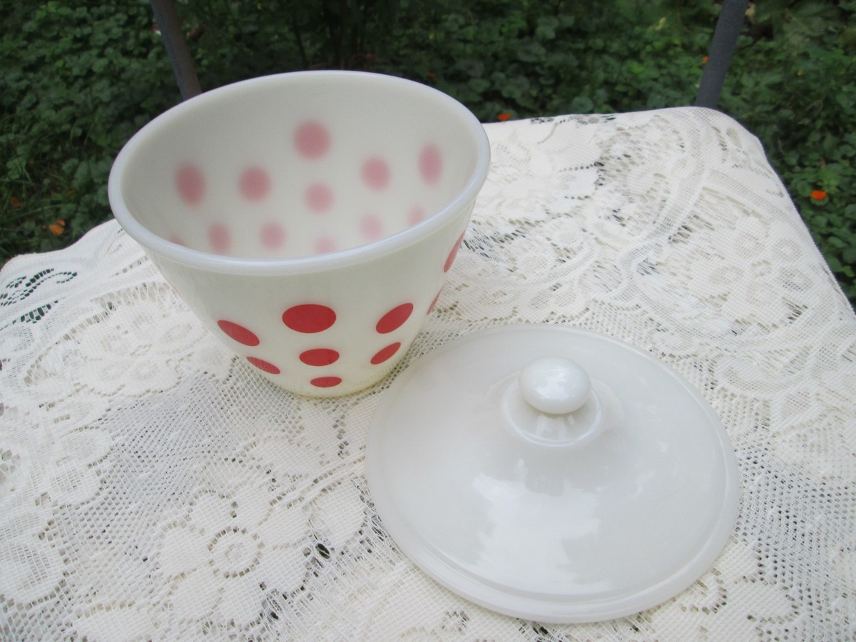Vintage Fire King Red Polka Dot Grease Jar with Lid Milk Glass