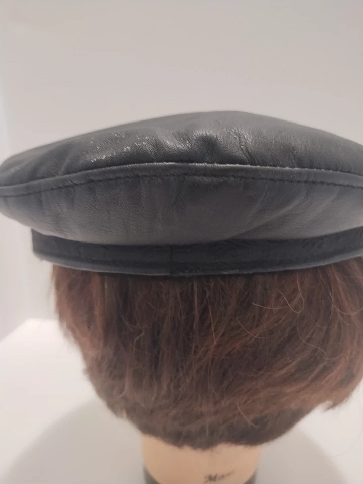 Vintage Cabbie Newsboy Leather Cap Hat Black USA Rope Trim - Image 4 of 4