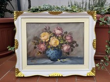 DIPINTO OLIO SU TELA NATURA MORTA FIORI VASO BLU - METÀ '900 CON CORNICE