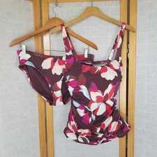Athleta Swimsuit Tankini Two-Piece Brown Floral Size 36B/C Top Large Bottom