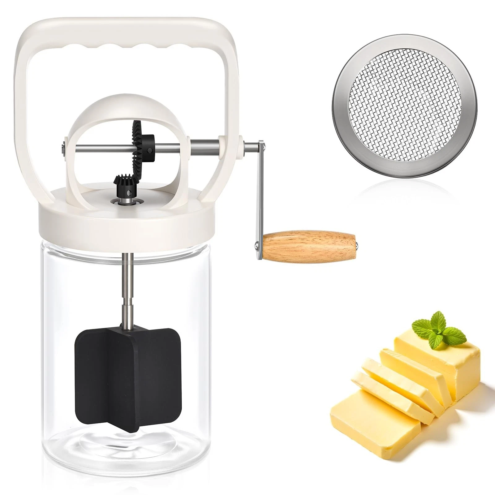 CAROD 1.2L Traditional Manual Butter Churn Maker, 46oz Capacity Glass Jar with S