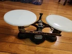 Vintage OHAUS  Balance Scale. Cast Iron with Milk Glass Trays