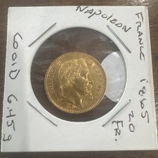 France 1865 BB Gold 20 Francs Circulated Napoleon III (0.1867 Troy oz pure gold)