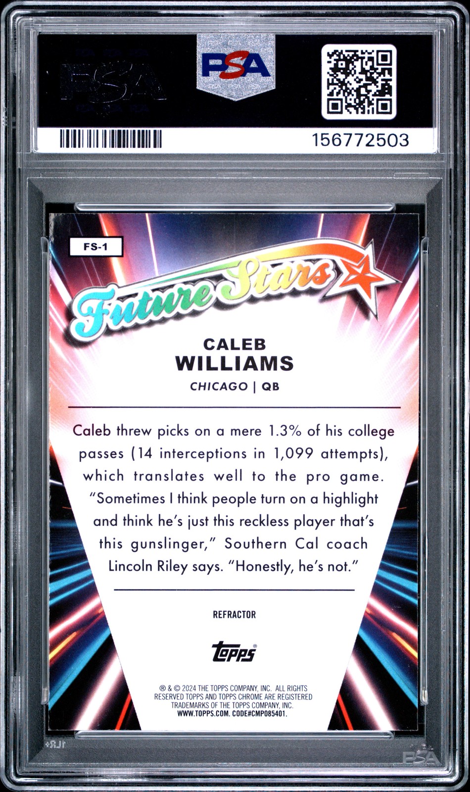 2024 TOPPS CHROME FUTURE STARS REFRACTOR #FS1 CALEB WILLIAMS ROOKIE RC PSA 10 view 2