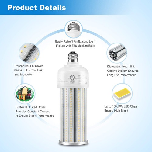 36W LED Corn Light 5000K Basement Bedroom Bulb E26 Standard Base (150W MH Equal) - Picture 7 of 12