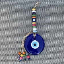 Glass Evil Eye with Beads Protective Decoration w/ Rope Wall Door Hanging