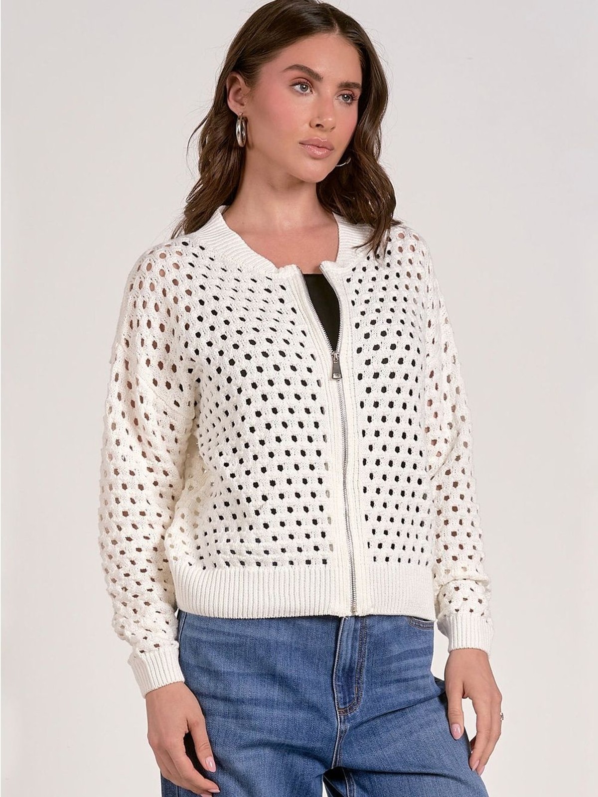 Elan Aster cable knit Sweater Cardigan Zip Up relaxed fit White size large NWT