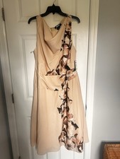 DKNY Dress Beige Brown Floral Sleeveless Cowl Neck Midi A-Line Plus 18W