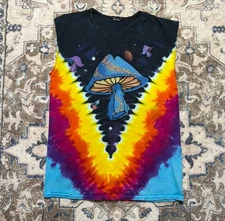 VTG 90s Liquid Blue Psychedelic Mushroom Tie Dye T Shirt Mens L - *Cut Tank* 