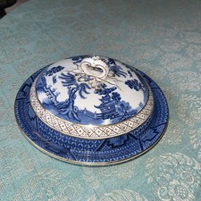 Booths Real Old Willow 9072 Gold Trim muffin dish & lid 21cm diameter 1906.VGC