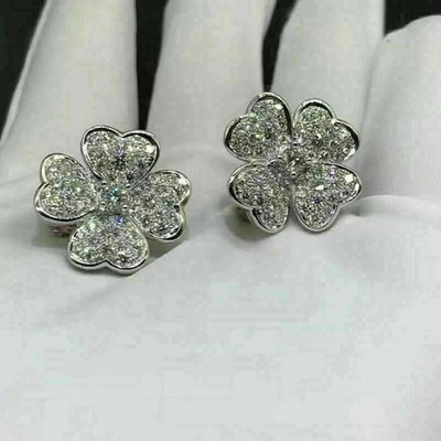 14K White Gold Plated 1.50Ct Round Cut Lab Created Diamond Flower Stud Earrings