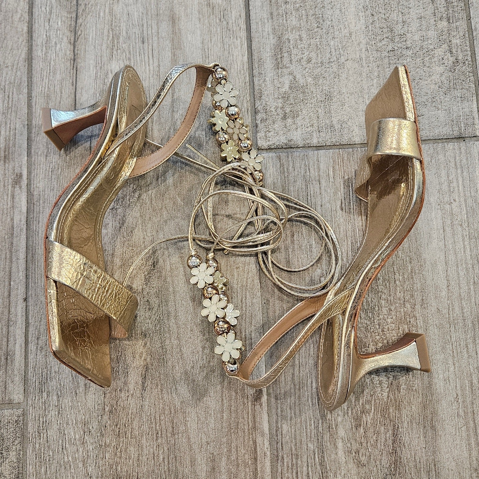 Vicenza Charm Wrap Heels Women 7 Gold Ankle Tie Floral Beaded Dressy Easter New