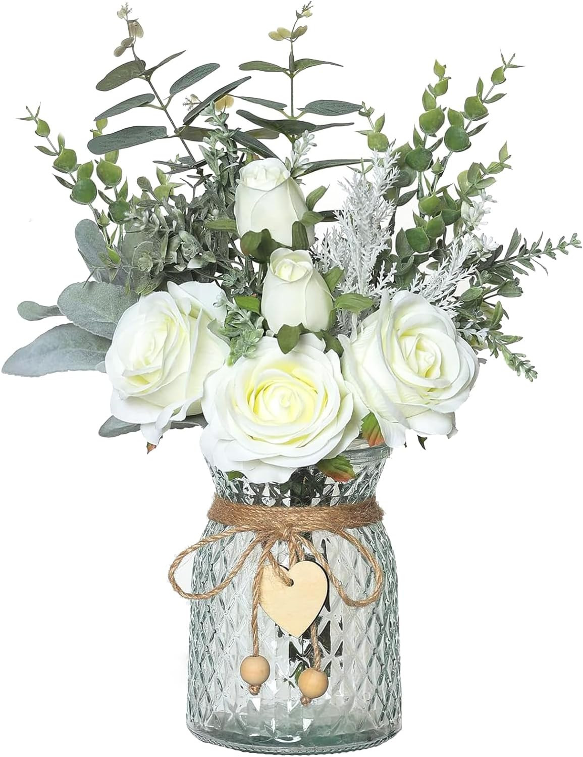 Faux Flowers with Vase Artificial White Rose Flowers in Vase Fake Eucalyptus Pla