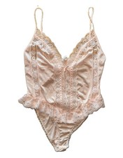 Vintage 80s Lace Teddy Bodysuit Womens M Blush Pink Snap Crotch USA Made