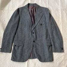 Vintage Men  s Belt Back Wool Jacket Blue Herringbone