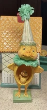 Retired Debra Schoch Paper Mache Mamma Bird With Baby Bird Dressed 4 Party