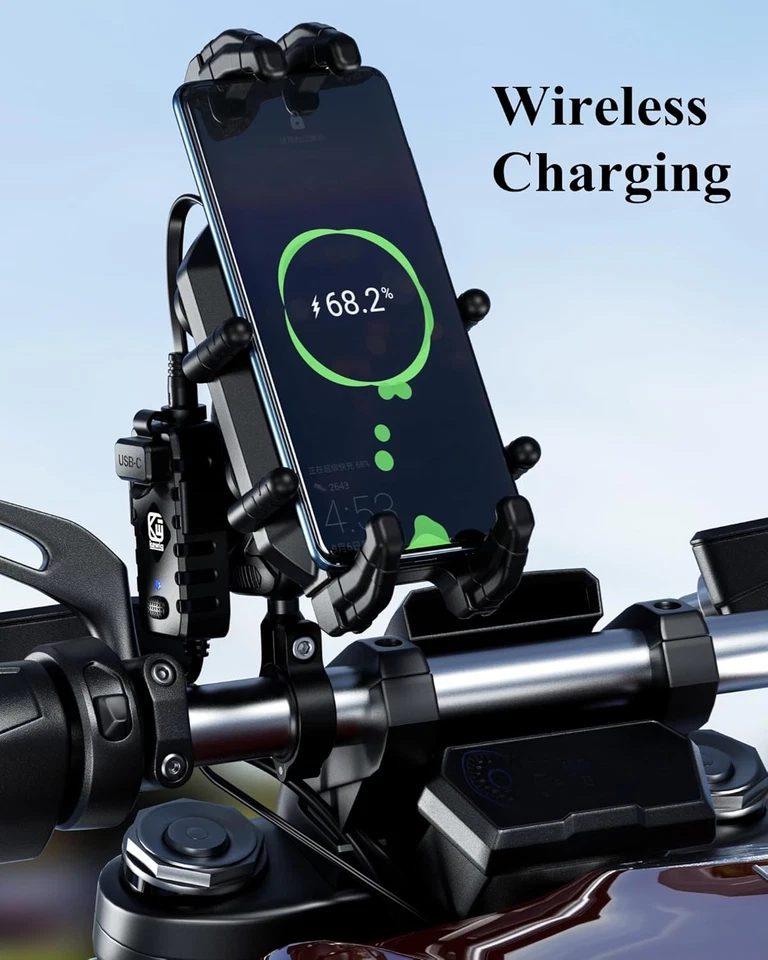 Motorcycle Phone Mount with 15W Wireless Charger, 30W USB-C Fast Charging Holder - Image 4 of 4