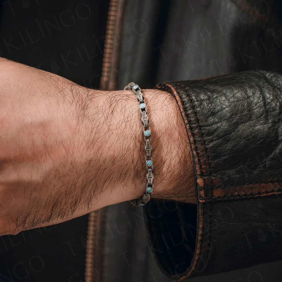 925 Sterling Silver Men's Bracelet with Turquoise Stones Oxidized Link Chain - Image 2 of 4