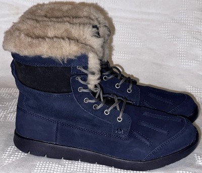 UGG AUSTRALIA Baxter Indigo Navy Blue Suede Lace Up Winter Boots Boys Girls Sz 4