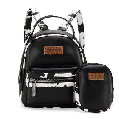 Wrangler Tan Mini Backpack with Cow Print Trim & Detachable  display picture 3