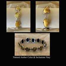 BALTIC GREEN BUTTERSCOTCH AMBER  STERLING SILVER HANDMADE LINK CHAIN BRACELET
