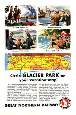 PRINT AD 1947 Great Northern Railway Glacier Park Vacation Map 6.75 x 10