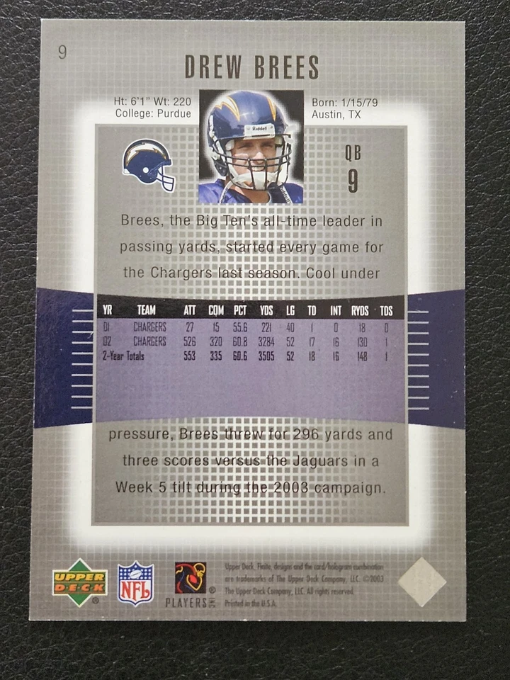 2003 Upper Deck Finite Drew Brees # 1470/2350 San Diego Chargers Saints #9 NM - Image 2 of 2