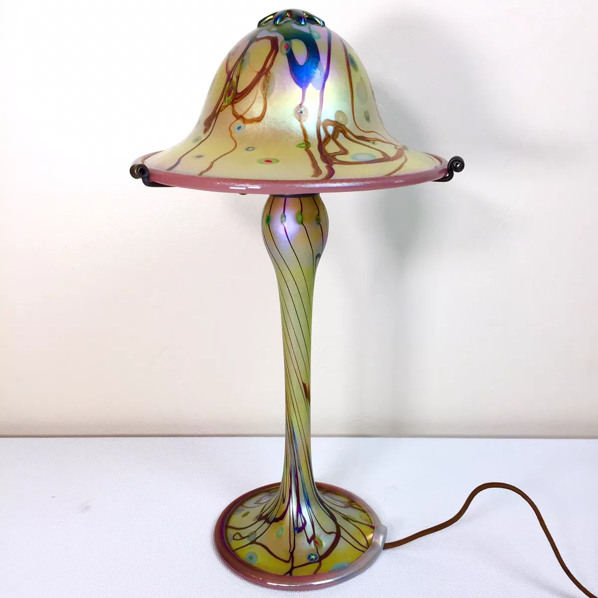 Carl Radke 16.5 Mushroom Glass Lamp Atomic Hand Blown Iridescent Swirl Art