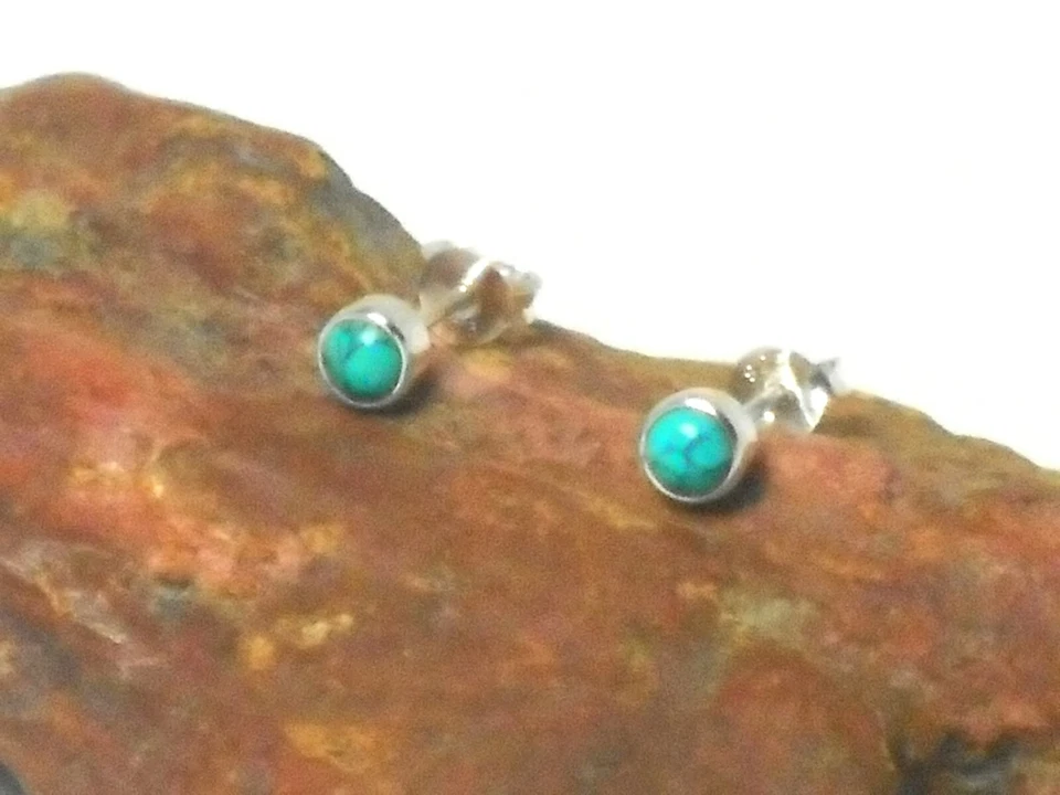Small Round Blue TURQUOISE  Sterling  Silver  925 Gemstone Stud Earrings - 4 mm - Image 4 of 4
