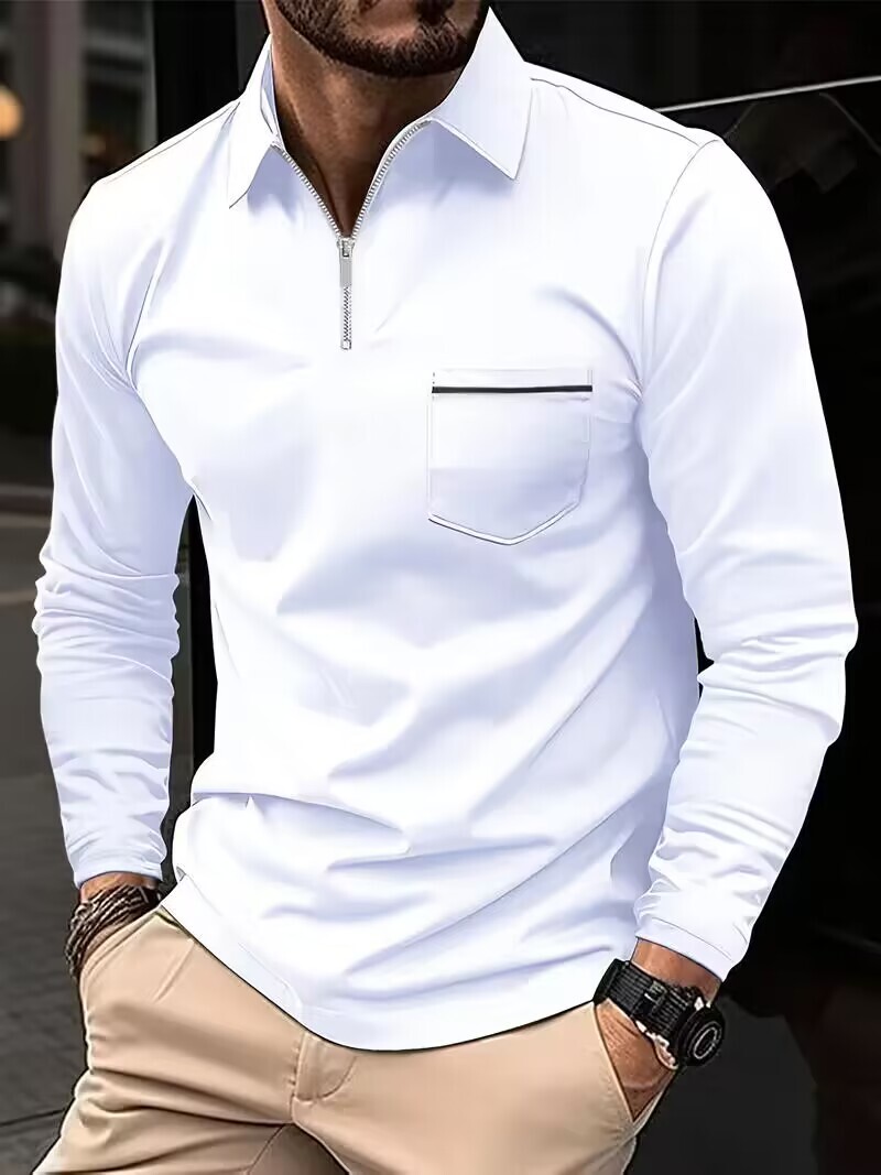 Polo T Shirt Zipper Collar White Solid Golf Fashion Black Pocket Long Sleeve Zip
