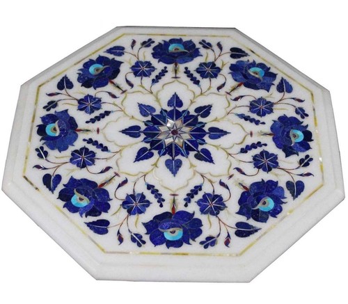 12" Marble Table Top semi precious stones lapis inlay with wooden stand - Picture 5 of 8