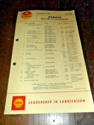 Vintage Shell Lubrication Chart Humber Hawk Mk. VI & Estate Car (Ex-Garage)