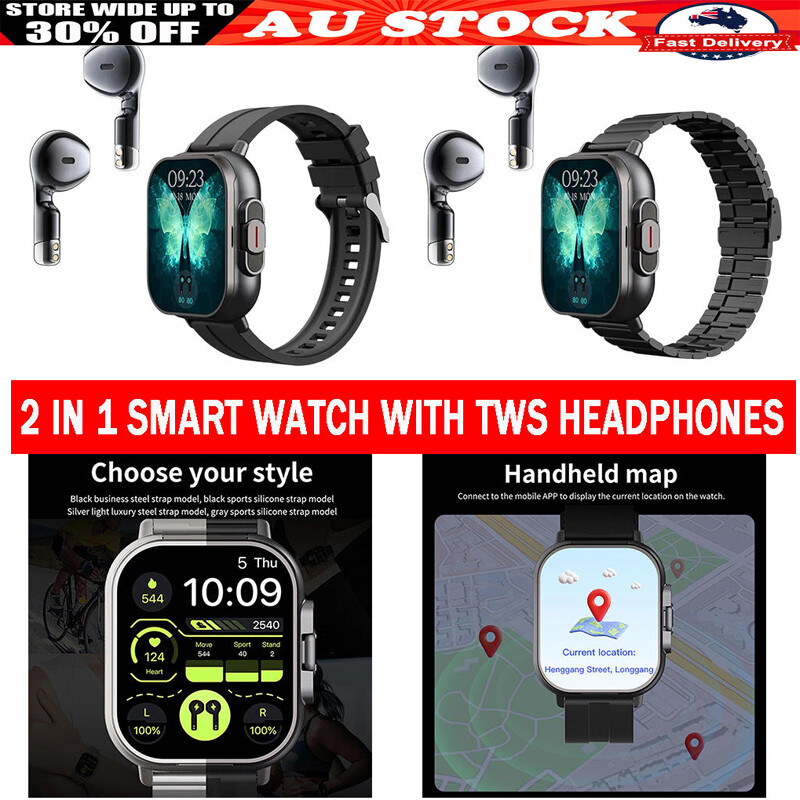 2 in 1 Smart Watch w/ TWS Earbuds Bluetooth Wireless Headset For iOS Android AUS
