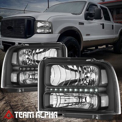 Fits 2005-2007 Ford F250-F550 Super Duty Excursion Black/Clear LED DRL Headlight