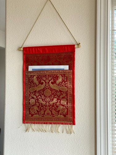 Wall Decor Red Wall Hanging Silk Tapestry Mail Holder Organizer Elephant Gift - Picture 5 of 6
