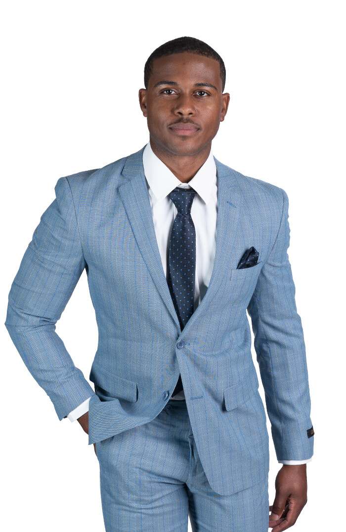 Slim Fit 2 Button Men Blazer Pinstripe Slate Blue Notch Lapel